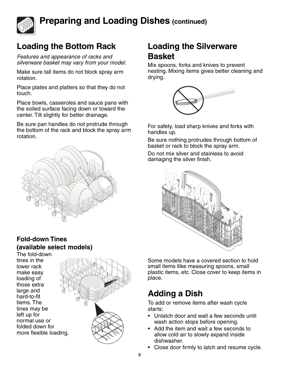 Preparing and loading dishes, Loading the silverware basket, Adding a dish | Loading the bottom rack | FRIGIDAIRE 650 Series User Manual | Page 8 / 16