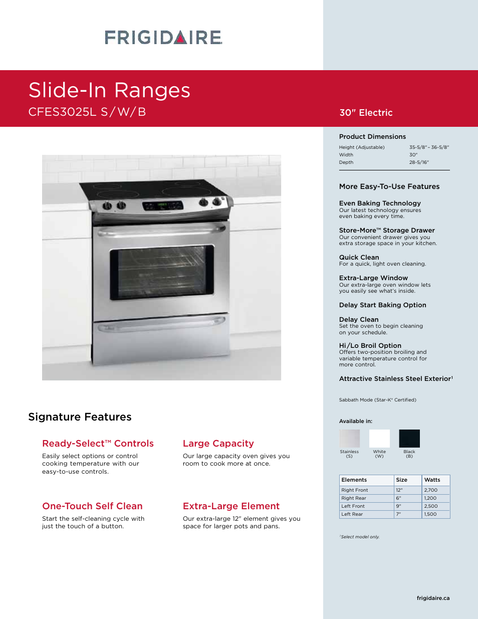 FRIGIDAIRE CFES3025L S/W/B User Manual | 2 pages