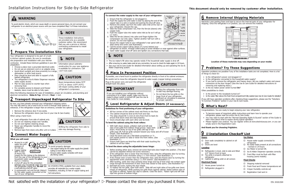 FRIGIDAIRE 241811504 User Manual | 2 pages