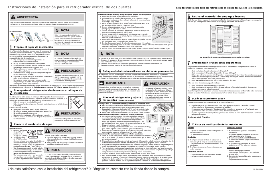 241811504_frigidaire sxs door letter_spanish, Advertencia, Precaución | Importante, Nota, Retire el material de empaque interno, Nivele el refrigerador y ajuste las puertas, Problemas? pruebe estas sugerencias, Cuál es el próximo paso, Conecte el suministro de agua | FRIGIDAIRE 241811504 User Manual | Page 2 / 2