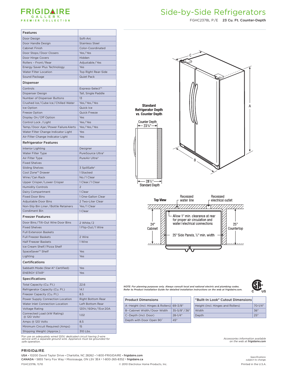 Counter-depth sxs refrigerators frigidaire gallery, Side-by-side refrigerators | FRIGIDAIRE FGHC2378L User Manual | Page 2 / 3