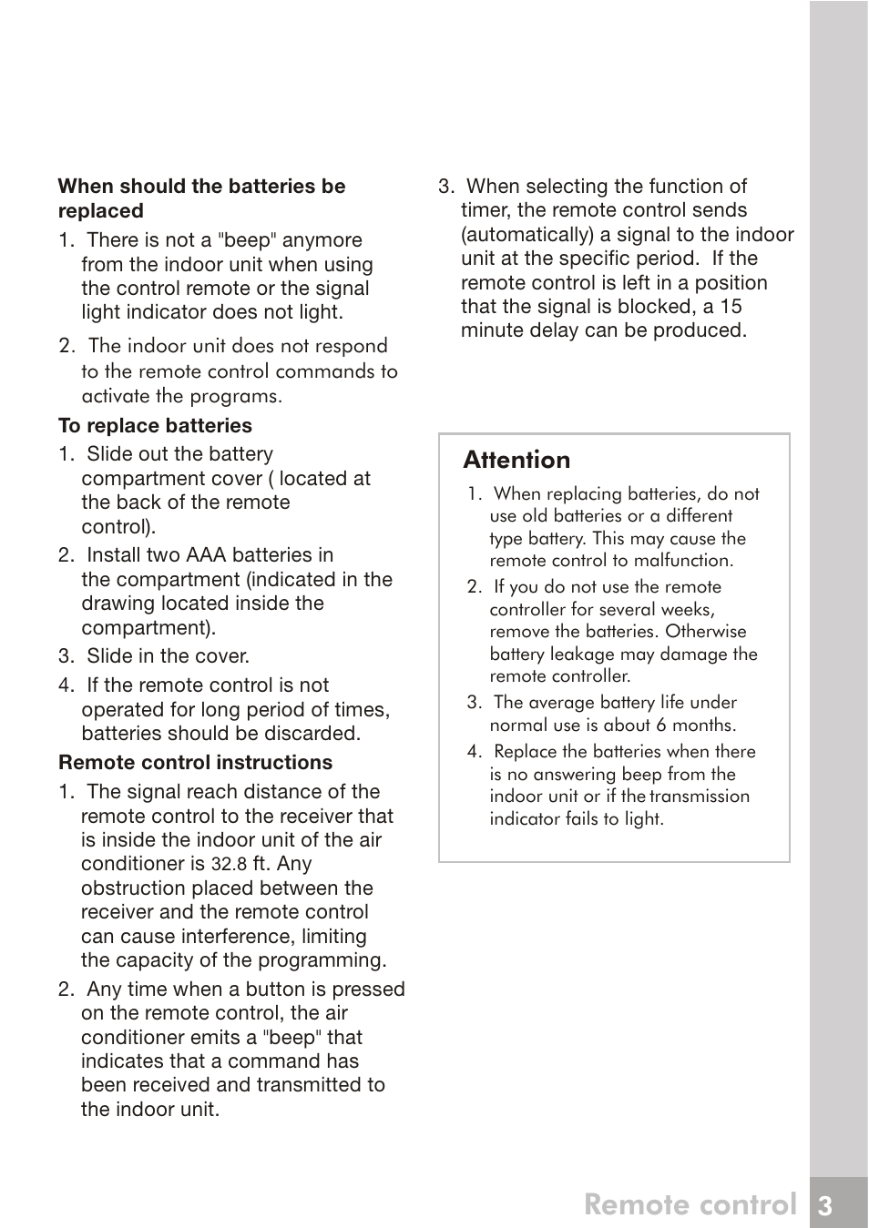 Remote control, Attention | FRIGIDAIRE 66129904886 User Manual | Page 10 / 27