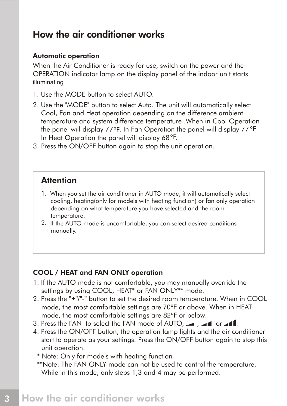 How the air conditioner works, Attention | FRIGIDAIRE 66129904886 User Manual | Page 13 / 27