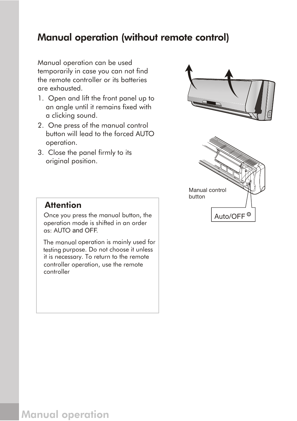 Manual operation, Manual operation (without remote control), Attention | FRIGIDAIRE 66129904886 User Manual | Page 19 / 27