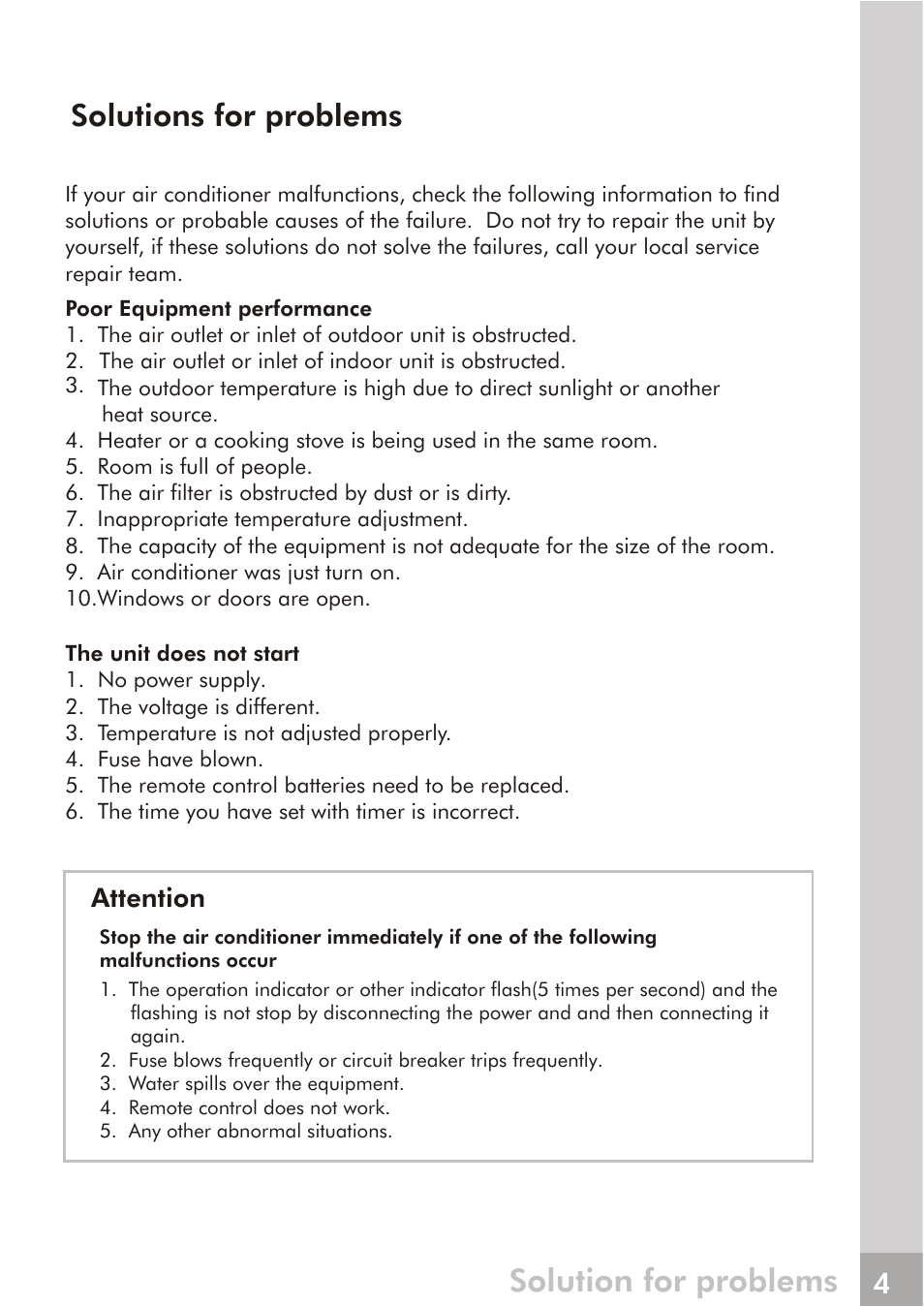 Solution for problems, Solutions for problems, Attention | FRIGIDAIRE 66129904886 User Manual | Page 24 / 27