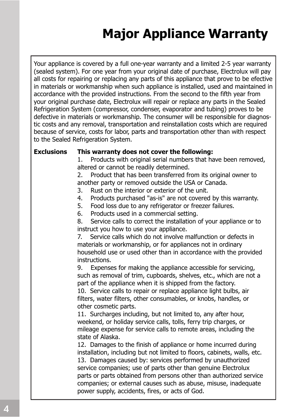 Major appliance warranty | FRIGIDAIRE 66129904886 User Manual | Page 25 / 27