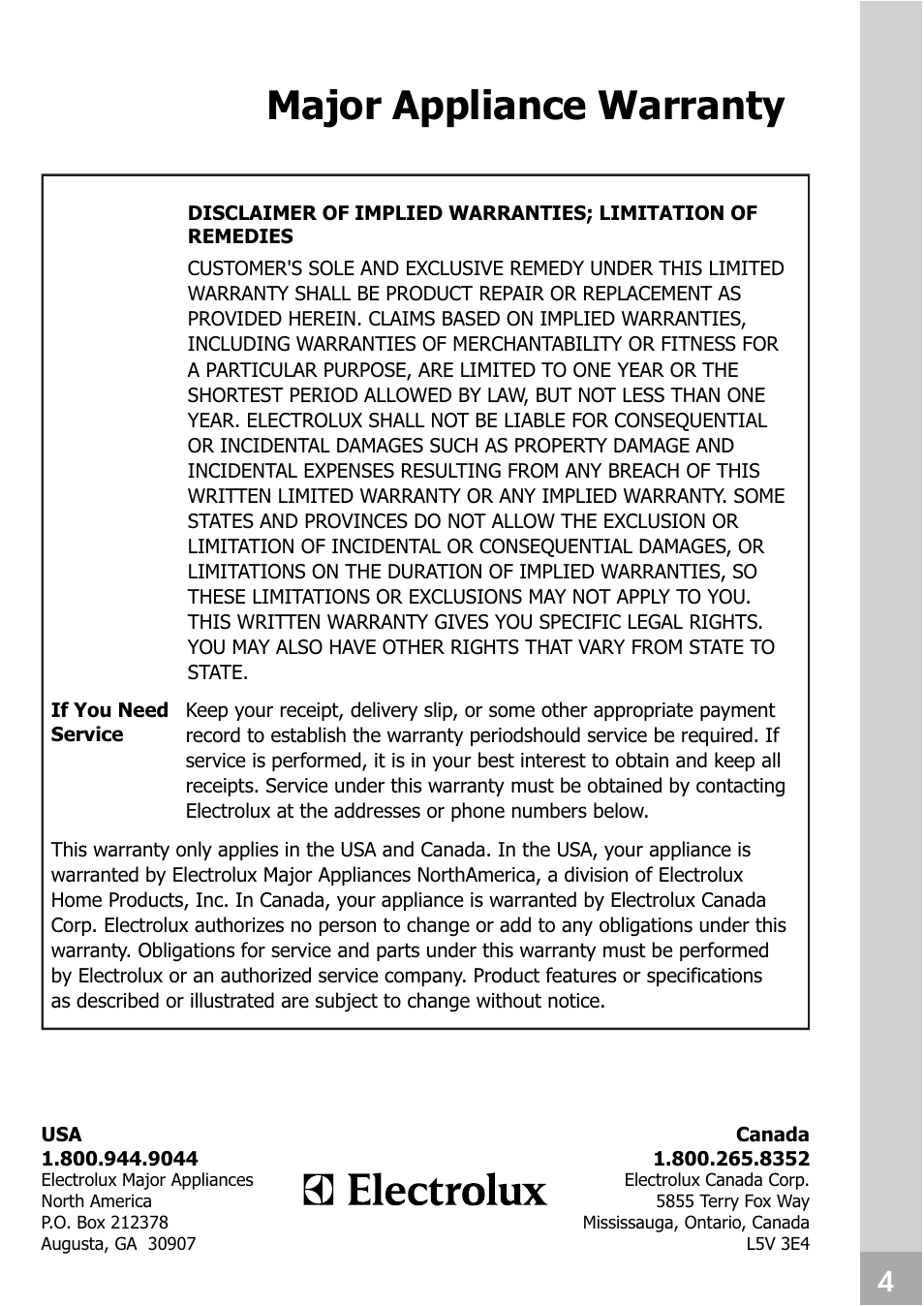 Major appliance warranty | FRIGIDAIRE 66129904886 User Manual | Page 26 / 27