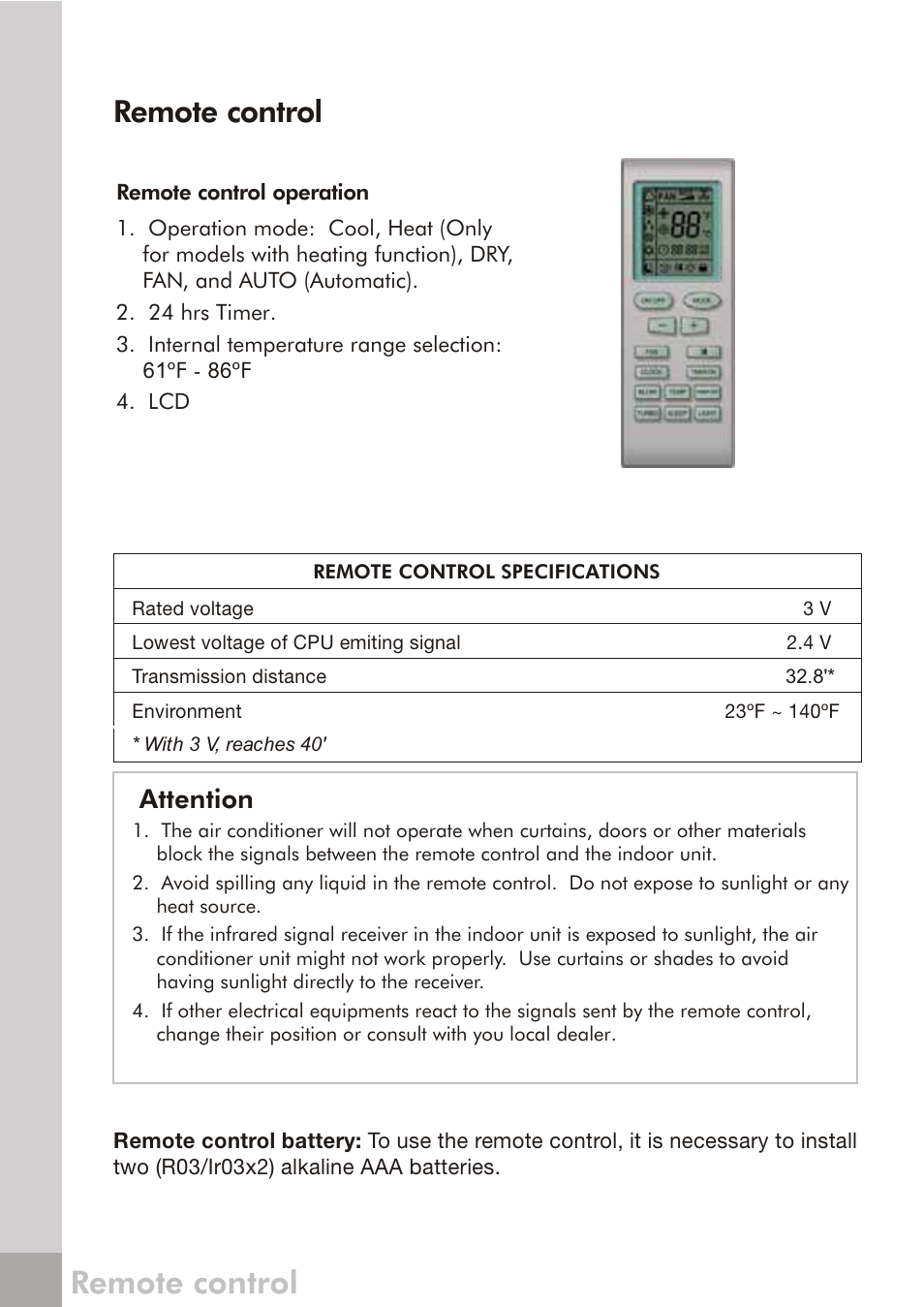 Remote control, Attention | FRIGIDAIRE 66129904886 User Manual | Page 9 / 27