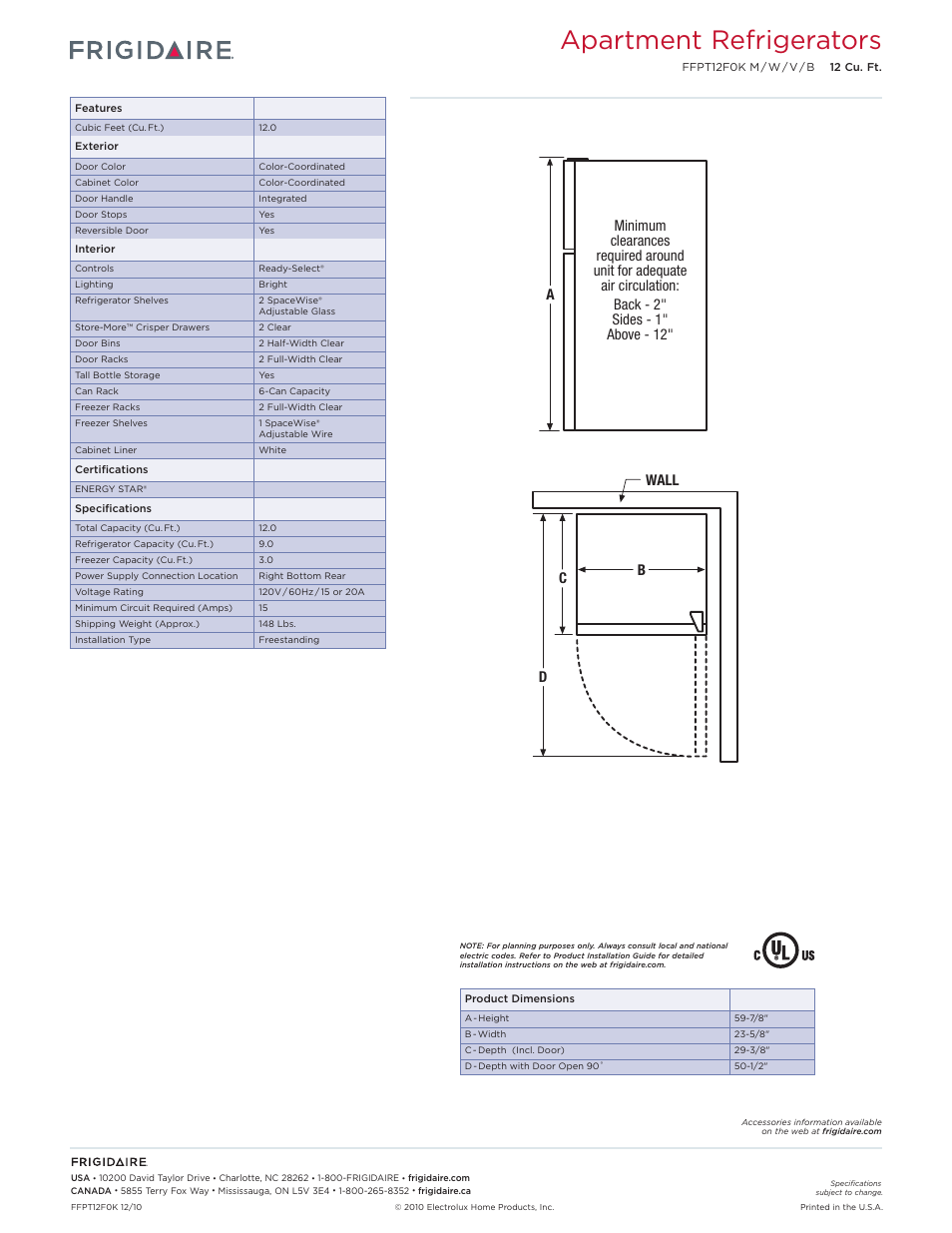 Apartment refrigerators | FRIGIDAIRE FFPT12F0K User Manual | Page 2 / 2