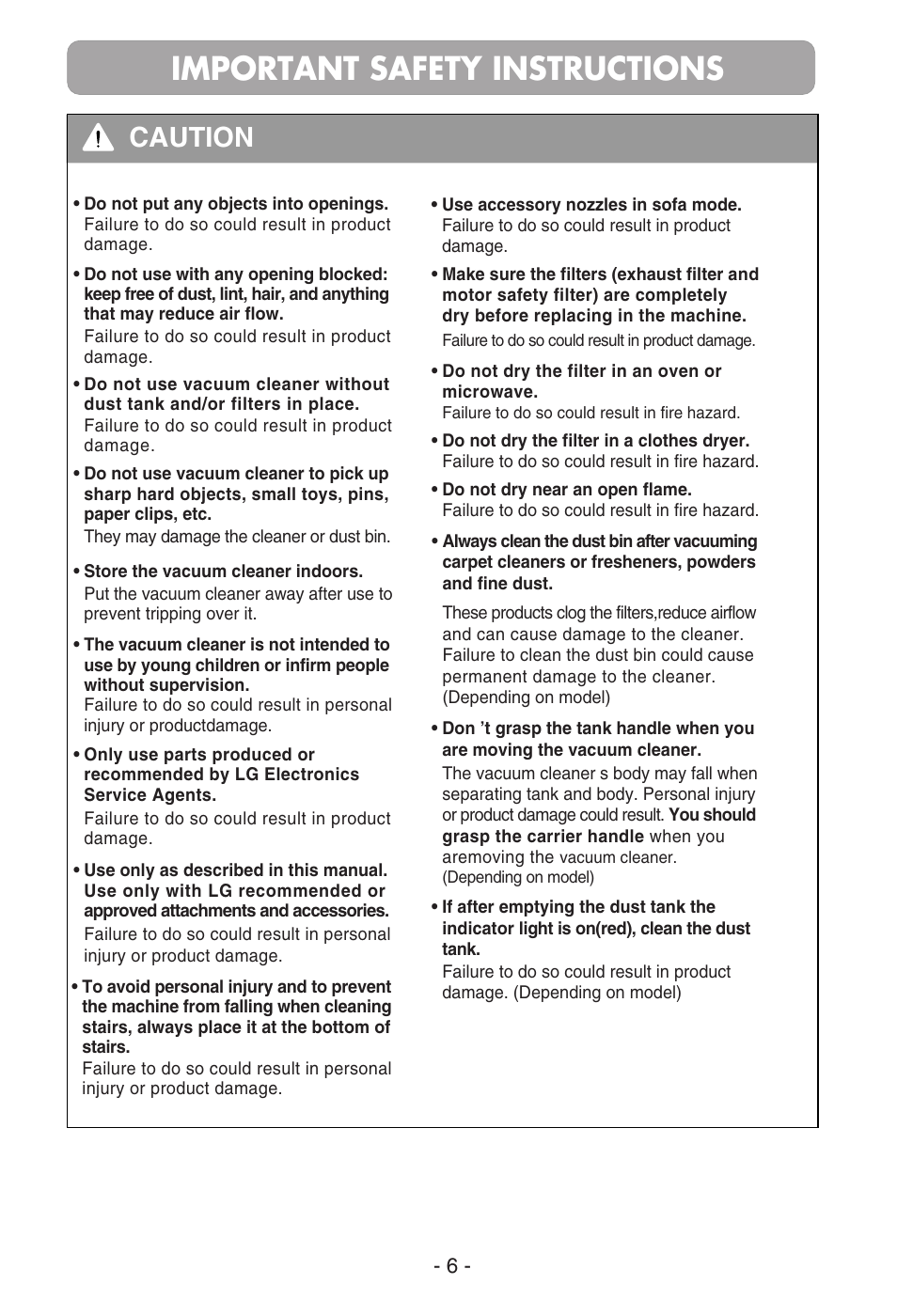 Important safety instructions, Caution | LG V-C3816 RU User Manual | Page 7 / 17