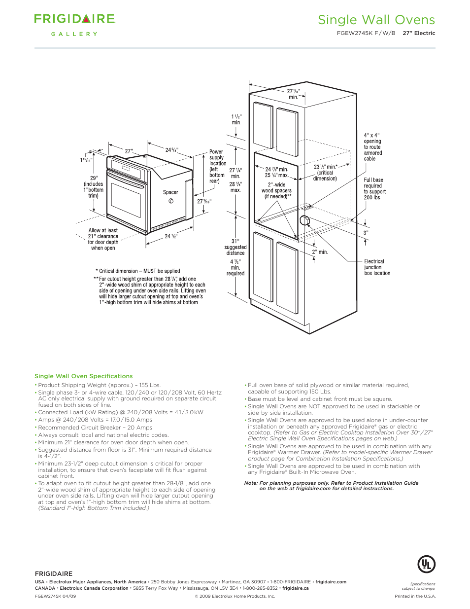 27" single electric wall oven gallery, Single wall ovens | FRIGIDAIRE FGEW2745K User Manual | Page 2 / 6