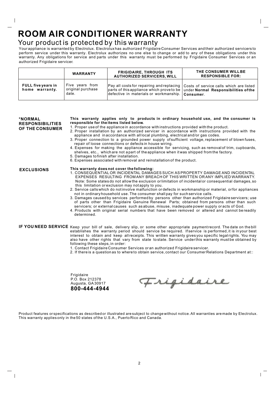 Т³гж 2, Room air conditioner warranty, Your product is protected by this warranty | FRIGIDAIRE 819042150-01 User Manual | Page 2 / 11