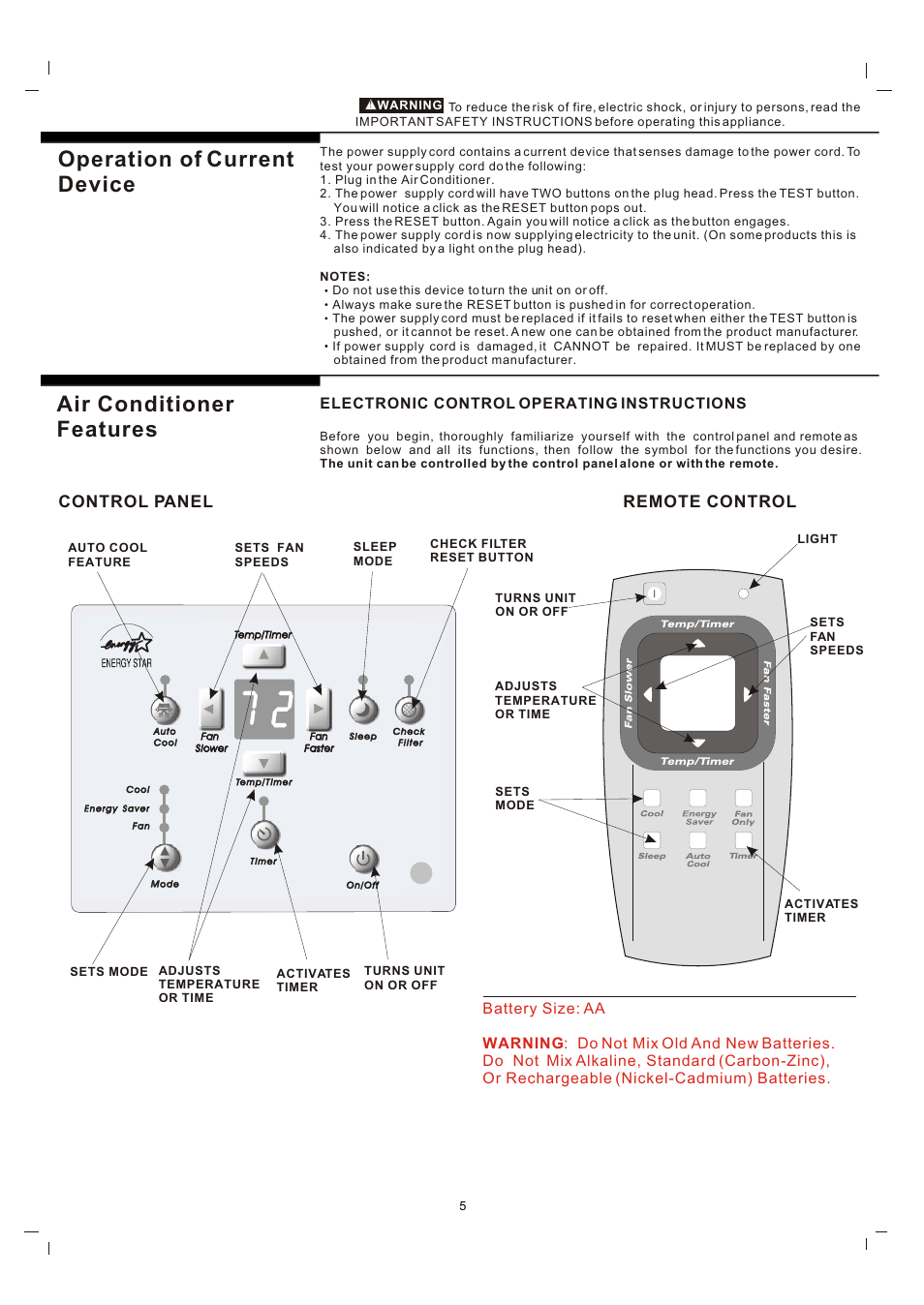 Т³гж 5, Operation of current device, Air conditioner features | Control panel remote control, Electronic control operating instructions | FRIGIDAIRE 819042150-01 User Manual | Page 5 / 11