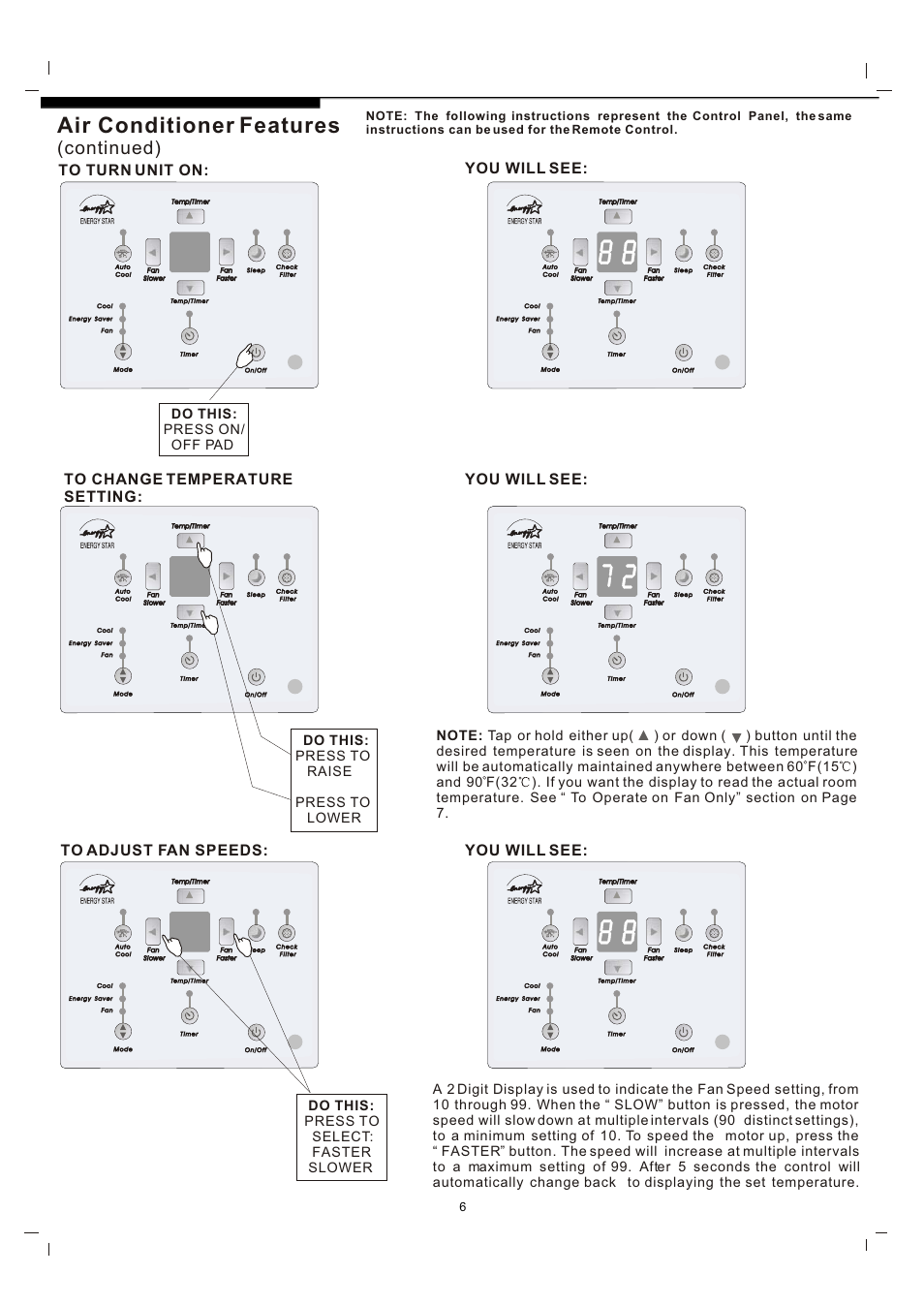 Т³гж 6, Air conditioner features, Continued) | Do this: press on/ off pad | FRIGIDAIRE 819042150-01 User Manual | Page 6 / 11