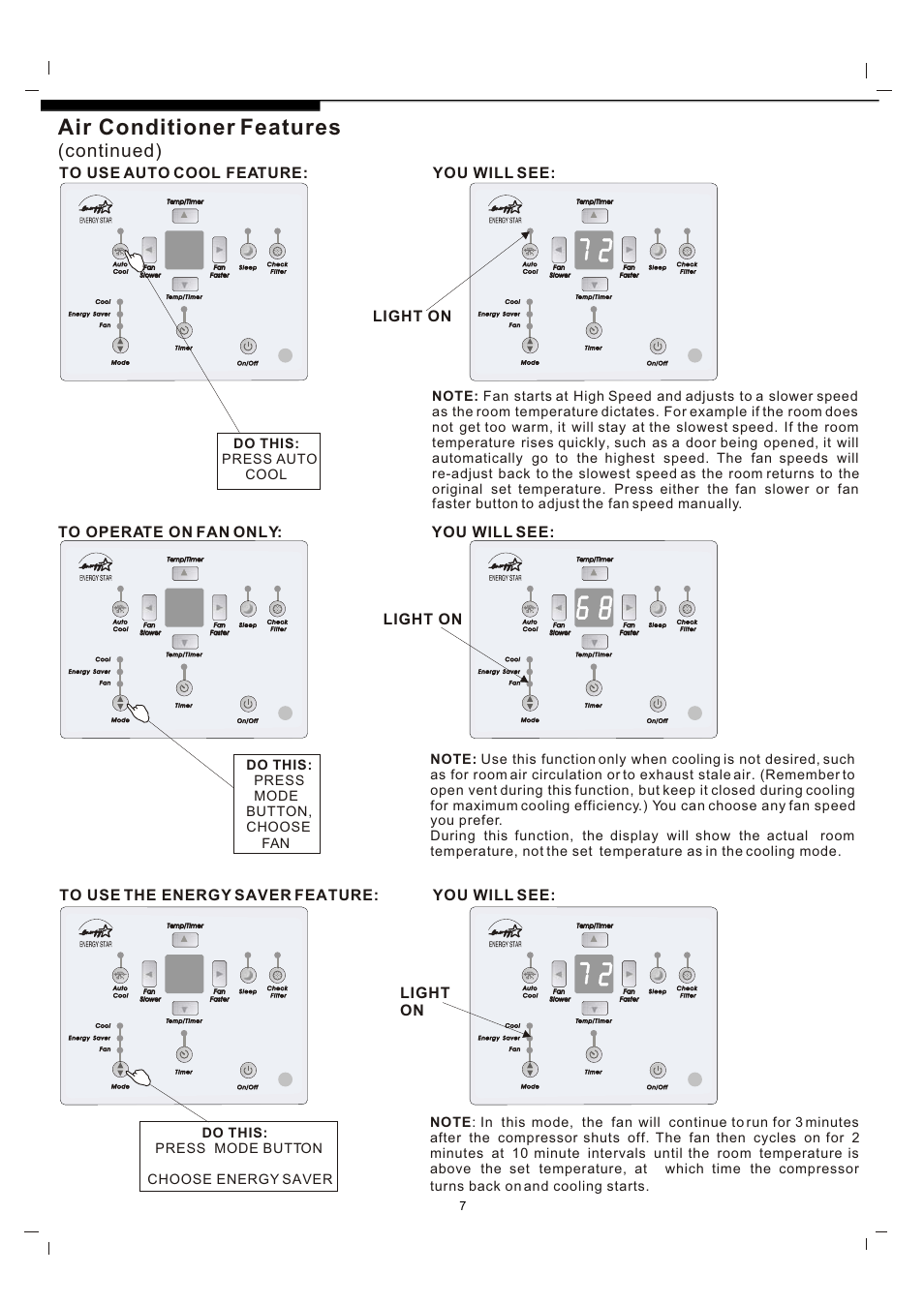 Т³гж 7, Air conditioner features, Continued) | Light on light on light on, Do this: press auto cool | FRIGIDAIRE 819042150-01 User Manual | Page 7 / 11