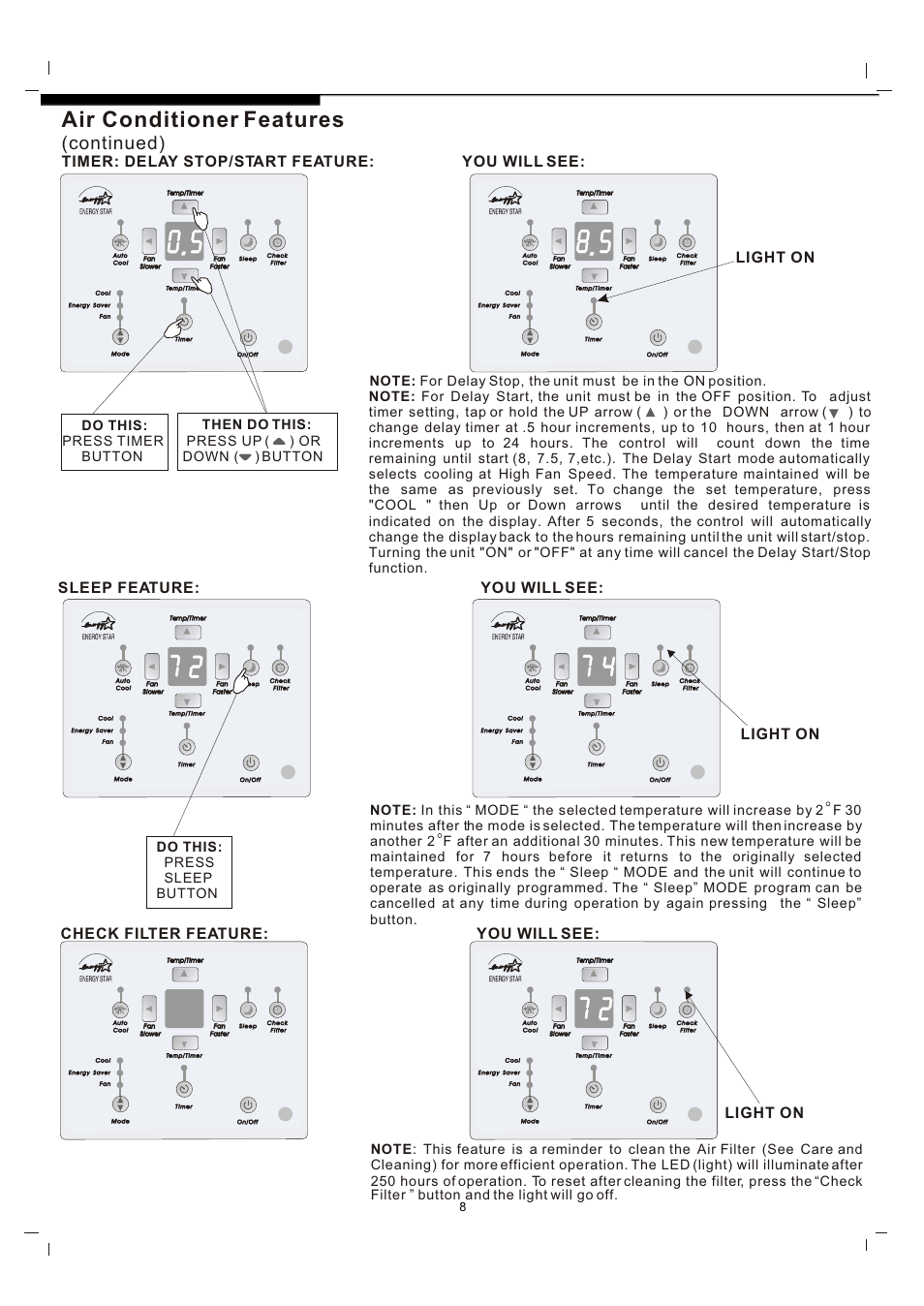 Т³гж 8, Air conditioner features, Continued) | Timer: delay stop/start feature: you will see, Sleep feature: you will see, Check filter feature: you will see, Light on, Do this: press timer button, Then do this: press up ( ) or down ( ) button | FRIGIDAIRE 819042150-01 User Manual | Page 8 / 11