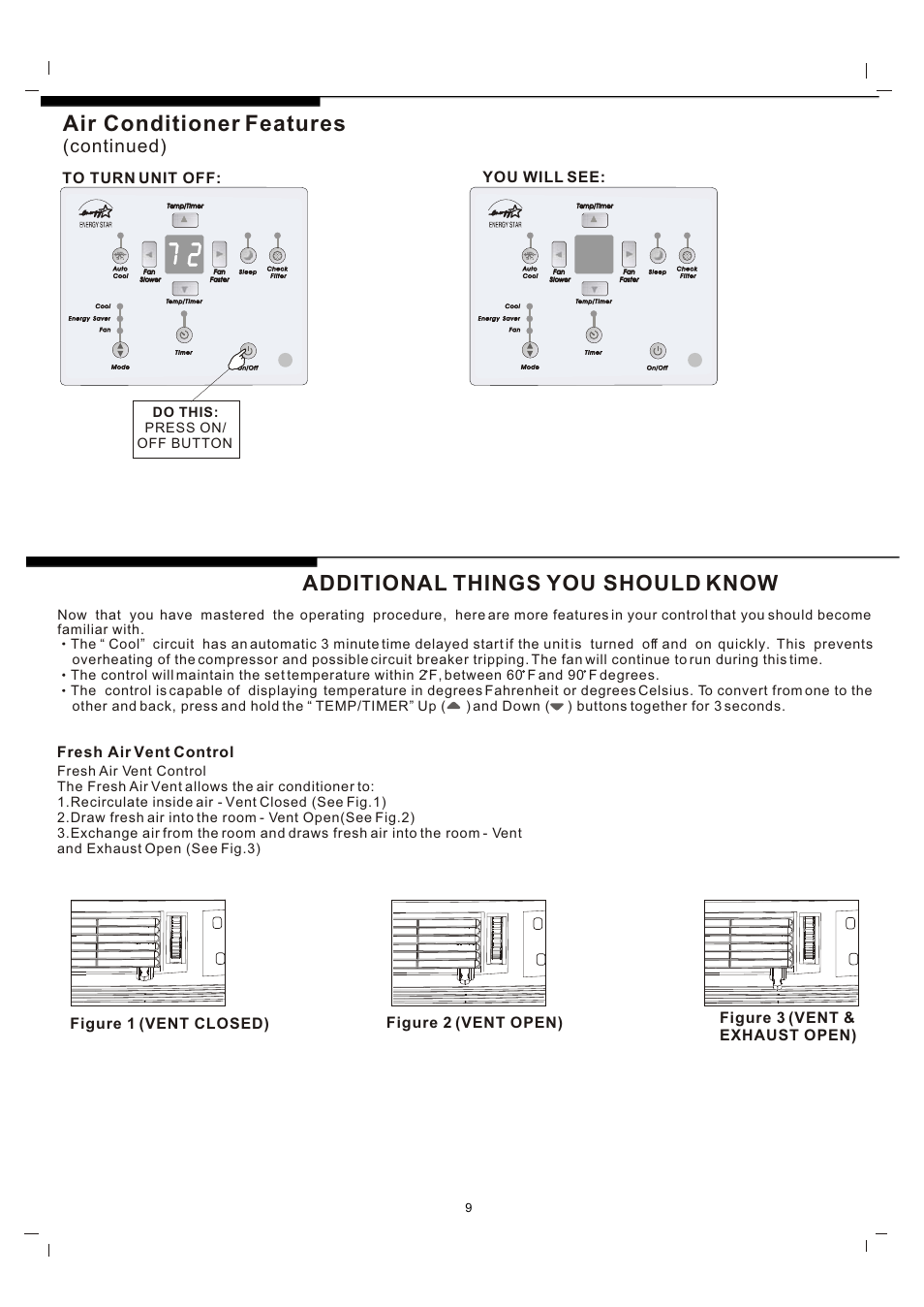 Т³гж 9, Air conditioner features, Additional things you should know | Continued), You will see, Fresh air vent control | FRIGIDAIRE 819042150-01 User Manual | Page 9 / 11