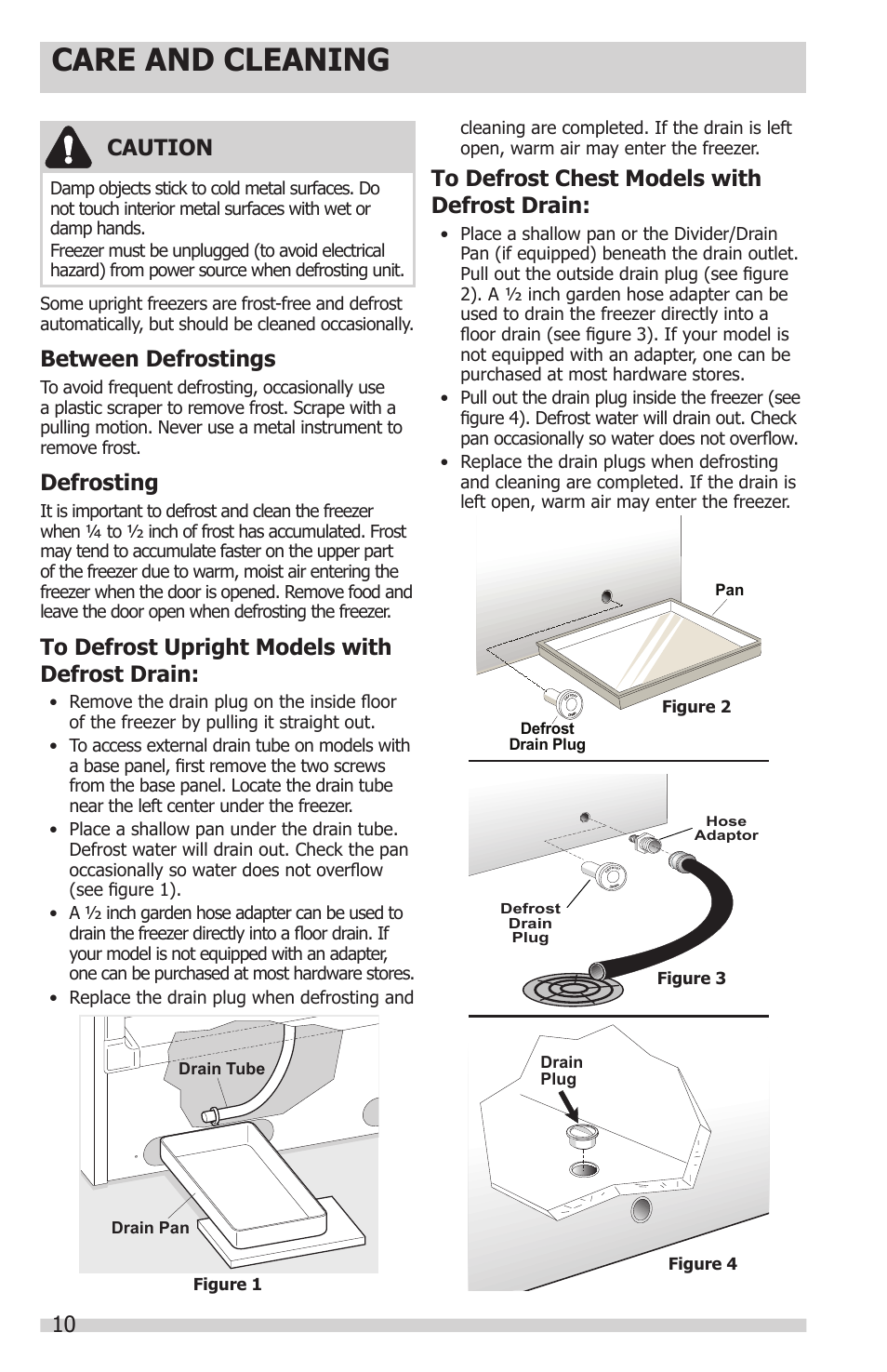 Care and cleaning, Between defrostings, Defrosting | Caution | FRIGIDAIRE 297281400 User Manual | Page 10 / 14