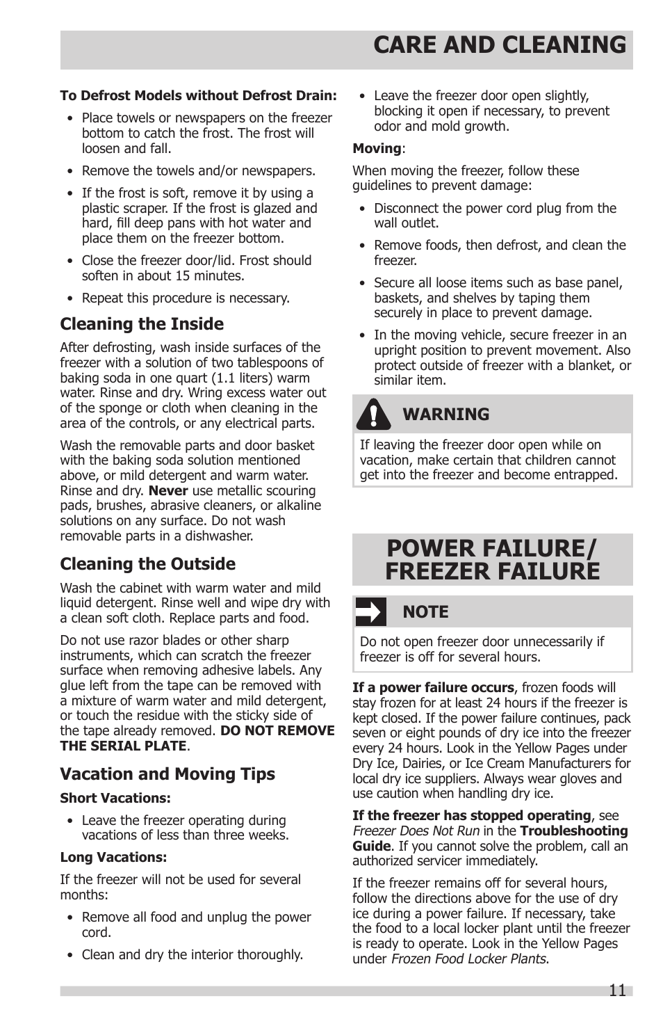 Care and cleaning, Power failure/ freezer failure, Cleaning the inside | Cleaning the outside, Vacation and moving tips, Warning | FRIGIDAIRE 297281400 User Manual | Page 11 / 14