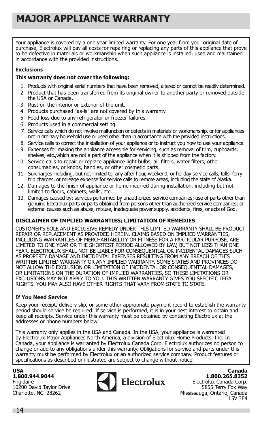 Major appliance warranty | FRIGIDAIRE 297281400 User Manual | Page 14 / 14