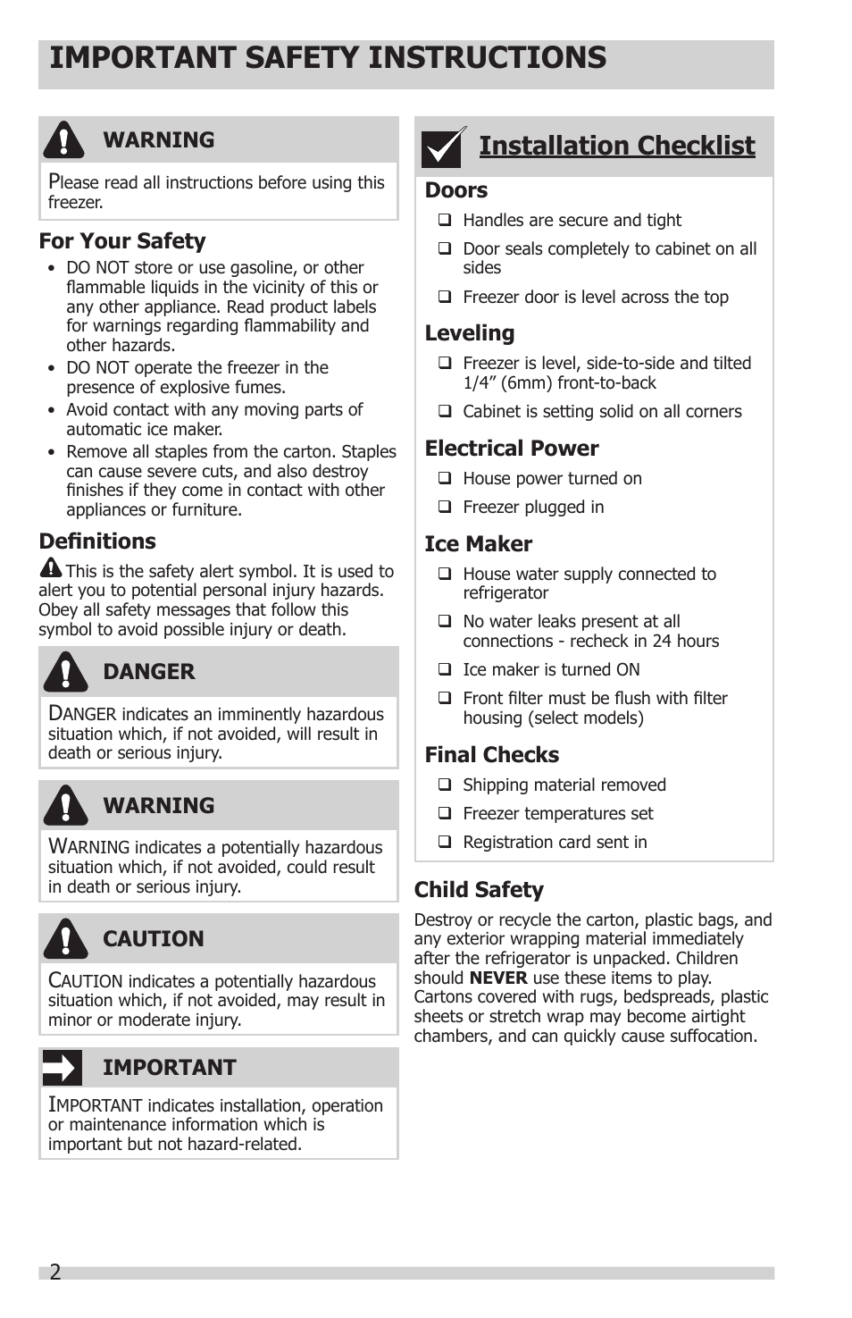 Important safety instructions, Installation checklist | FRIGIDAIRE 297281400 User Manual | Page 2 / 14