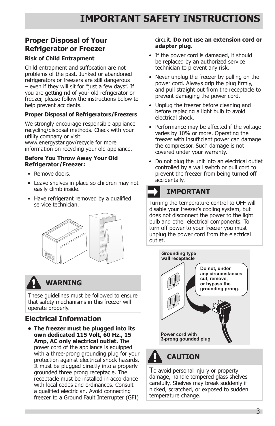 Important safety instructions, Electrical information, Warning | Important, Caution t, Proper disposal of your refrigerator or freezer | FRIGIDAIRE 297281400 User Manual | Page 3 / 14