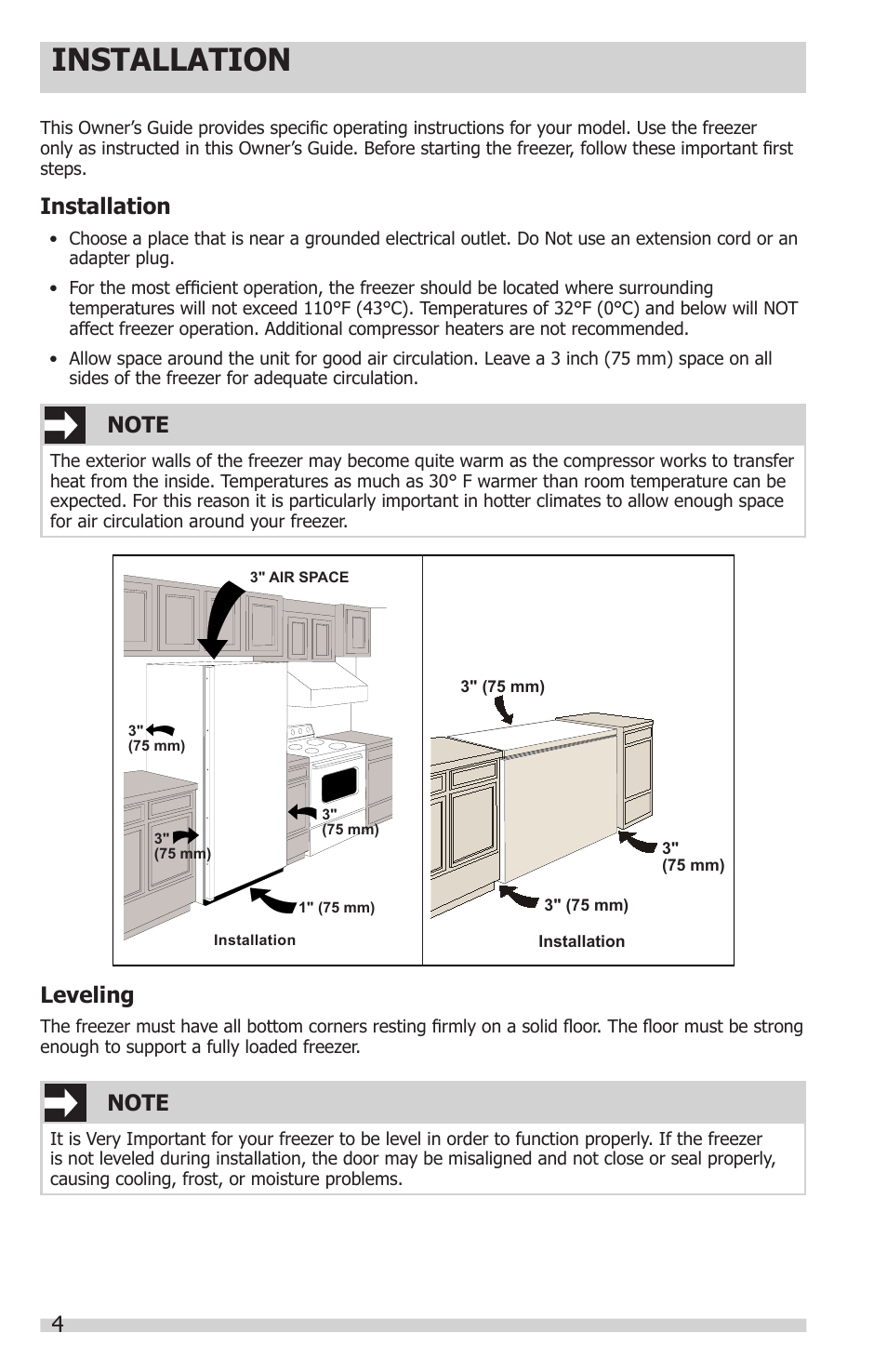 Installation, Leveling | FRIGIDAIRE 297281400 User Manual | Page 4 / 14