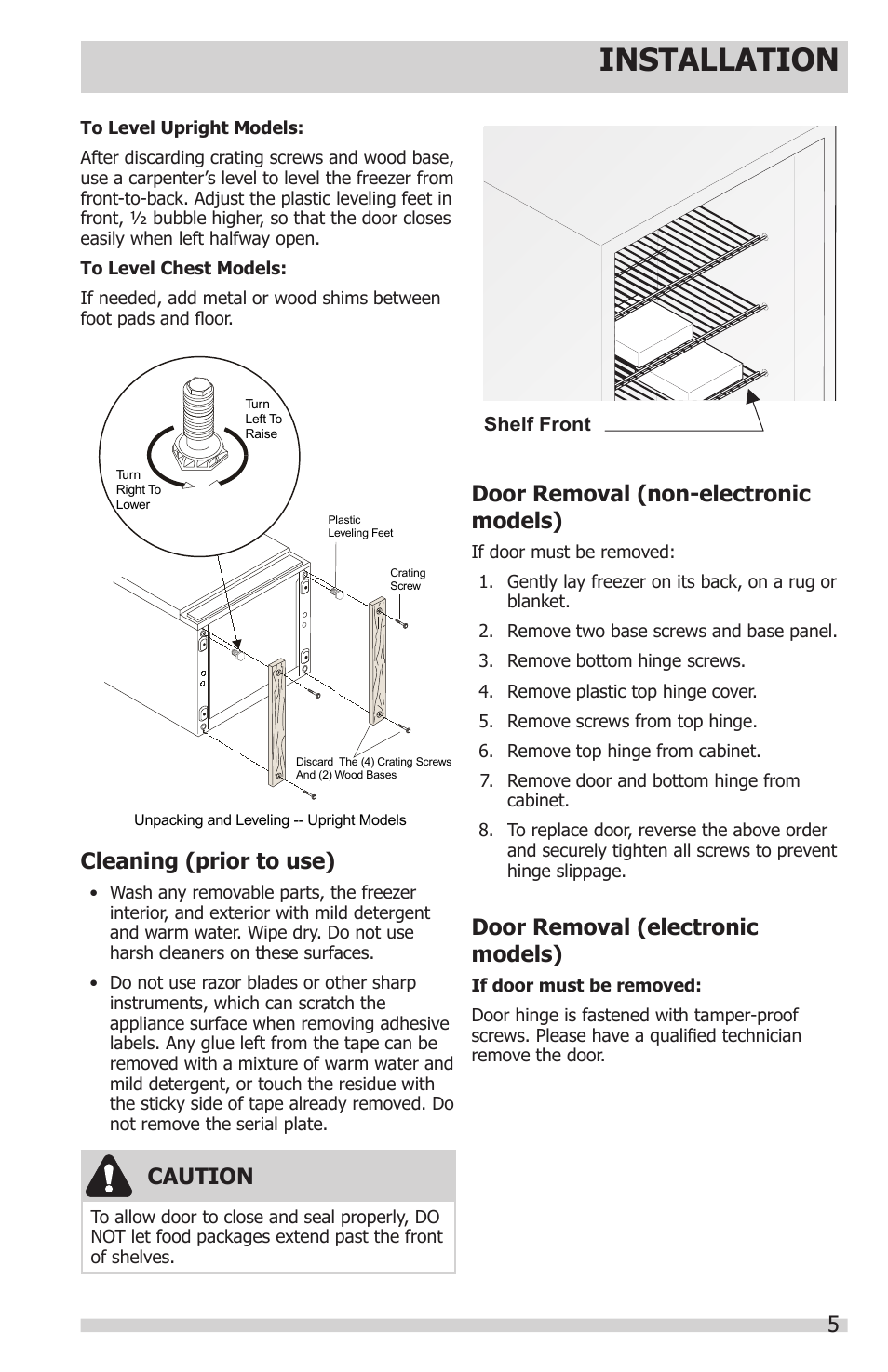 Installation, 5cleaning (prior to use), Door removal (non-electronic models) | Door removal (electronic models), Caution | FRIGIDAIRE 297281400 User Manual | Page 5 / 14