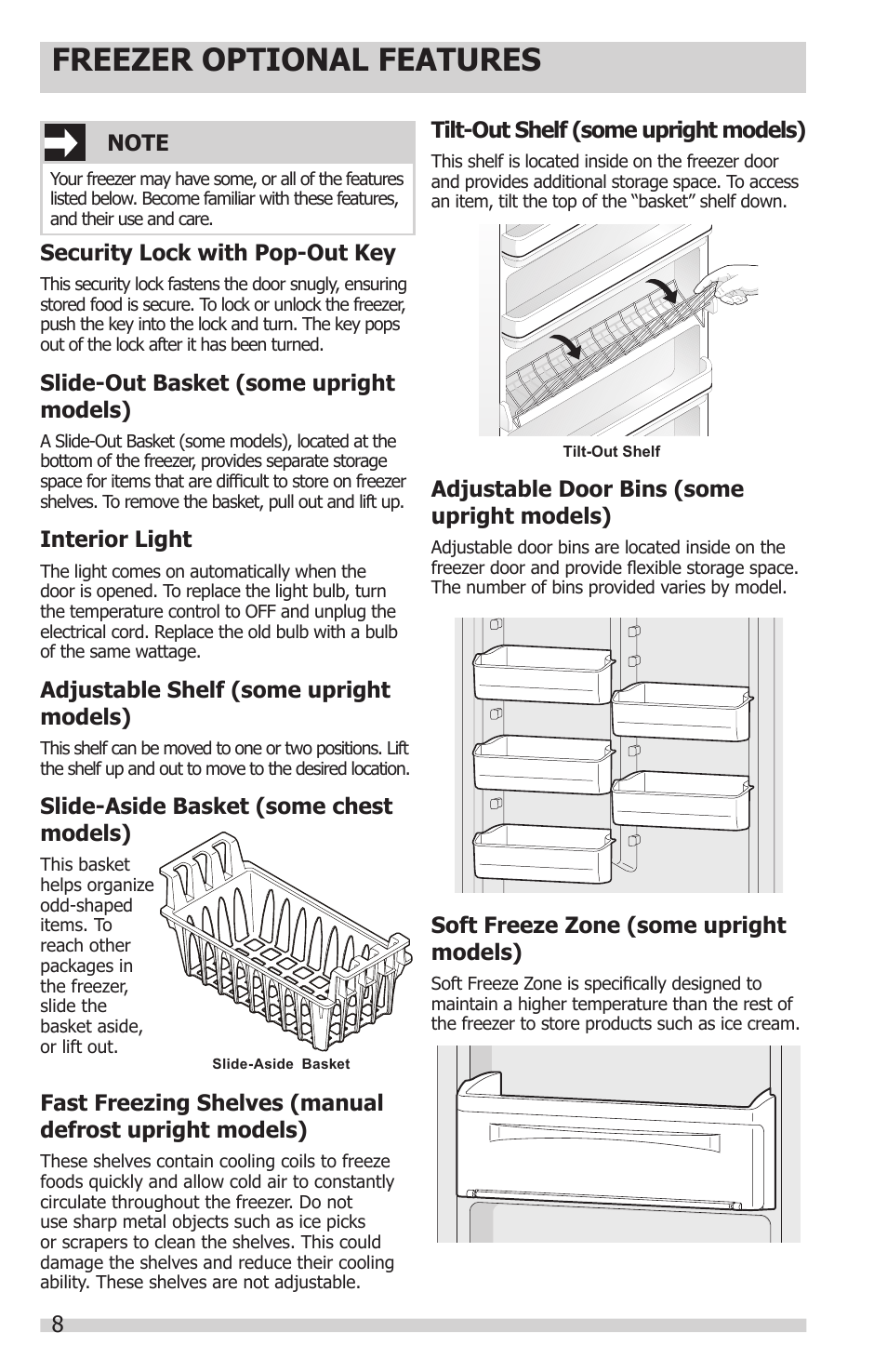 Freezer optional features, Soft freeze zone (some upright models), Adjustable door bins (some upright models) | Security lock with pop-out key, Slide-out basket (some upright models), Interior light, Adjustable shelf (some upright models), Slide-aside basket (some chest models), Tilt-out shelf (some upright models) | FRIGIDAIRE 297281400 User Manual | Page 8 / 14