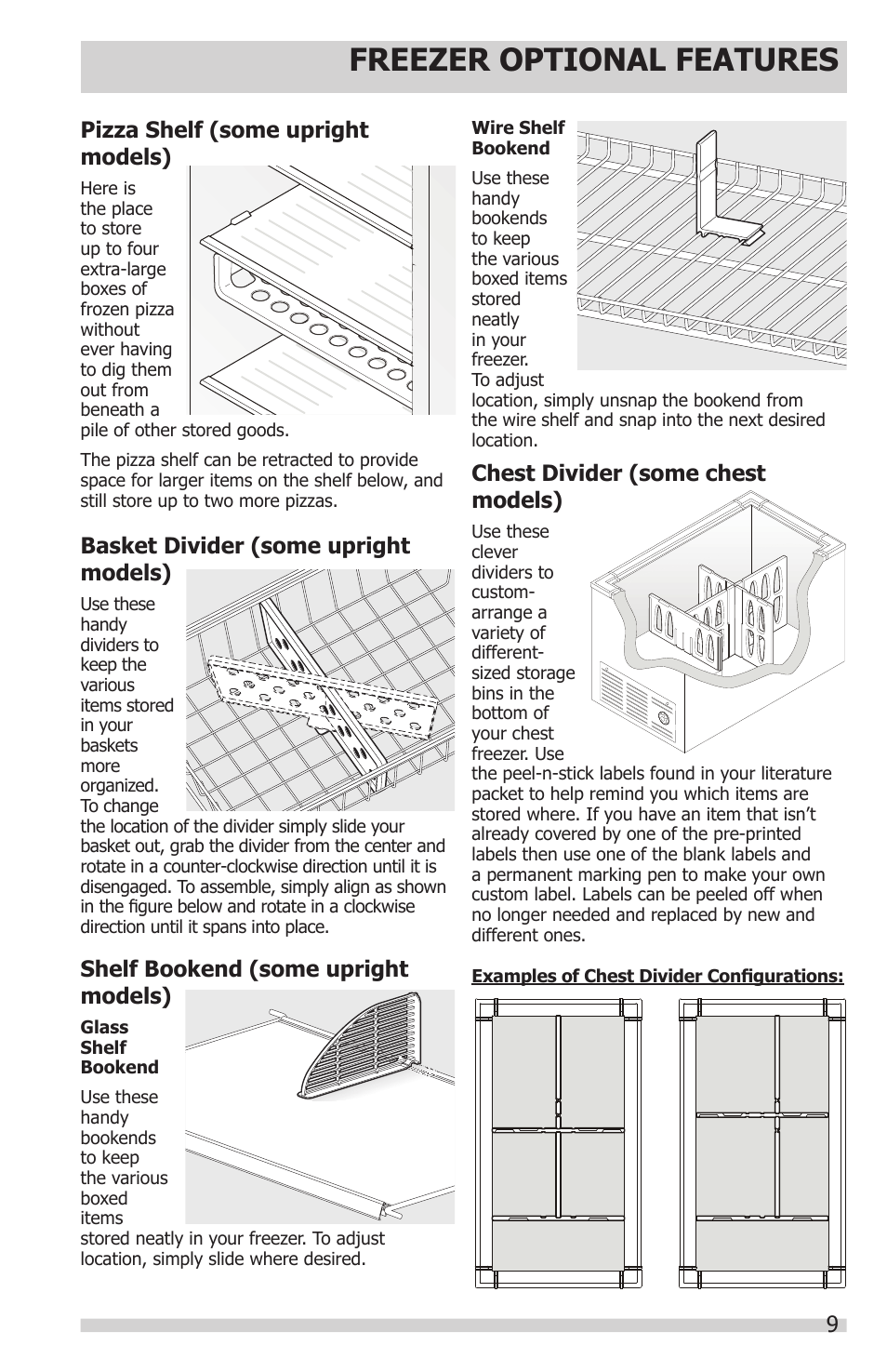 Freezer optional features, 9basket divider (some upright models), Pizza shelf (some upright models) | Shelf bookend (some upright models), Chest divider (some chest models) | FRIGIDAIRE 297281400 User Manual | Page 9 / 14