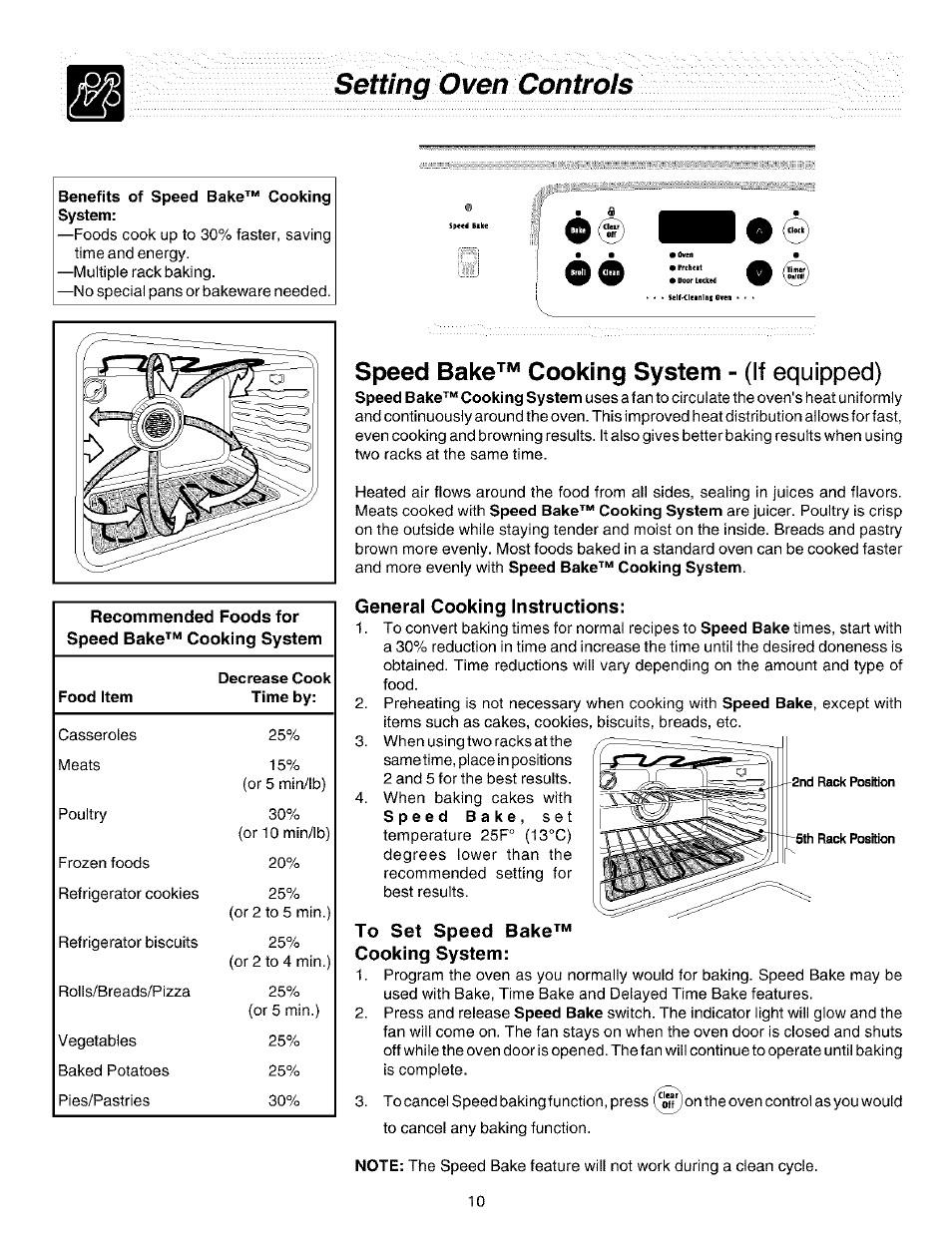 Benefits of speed bake™ cooking system, General cooking instructions, To set speed bake | Cooking system, Setting oven controls, If equipped), Speed bake^” cooking system | FRIGIDAIRE ES200/300 User Manual | Page 10 / 20