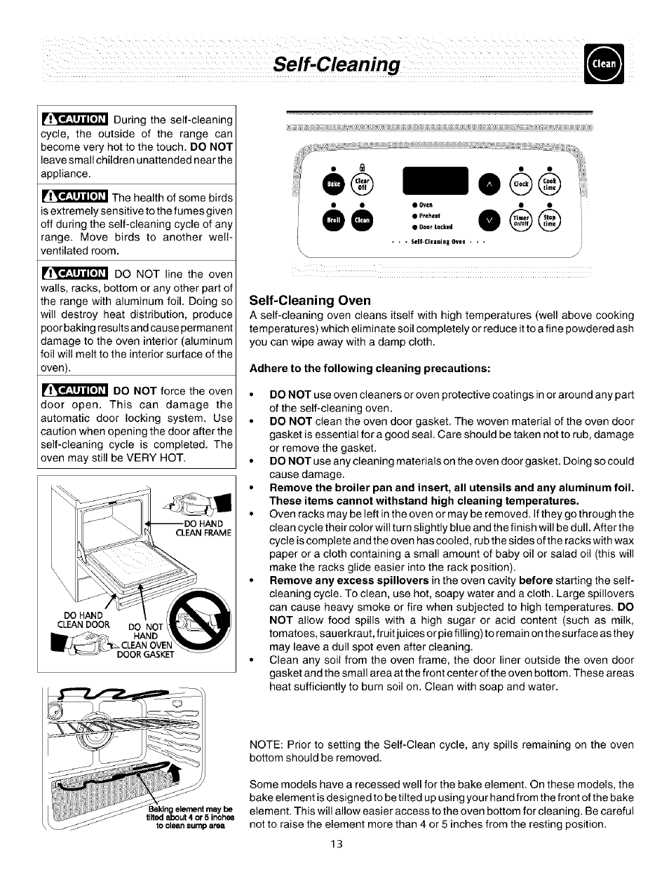 Self-cleaning, Self-cleaning oven, Adhere to the following cleaning precautions | FRIGIDAIRE ES200/300 User Manual | Page 13 / 20