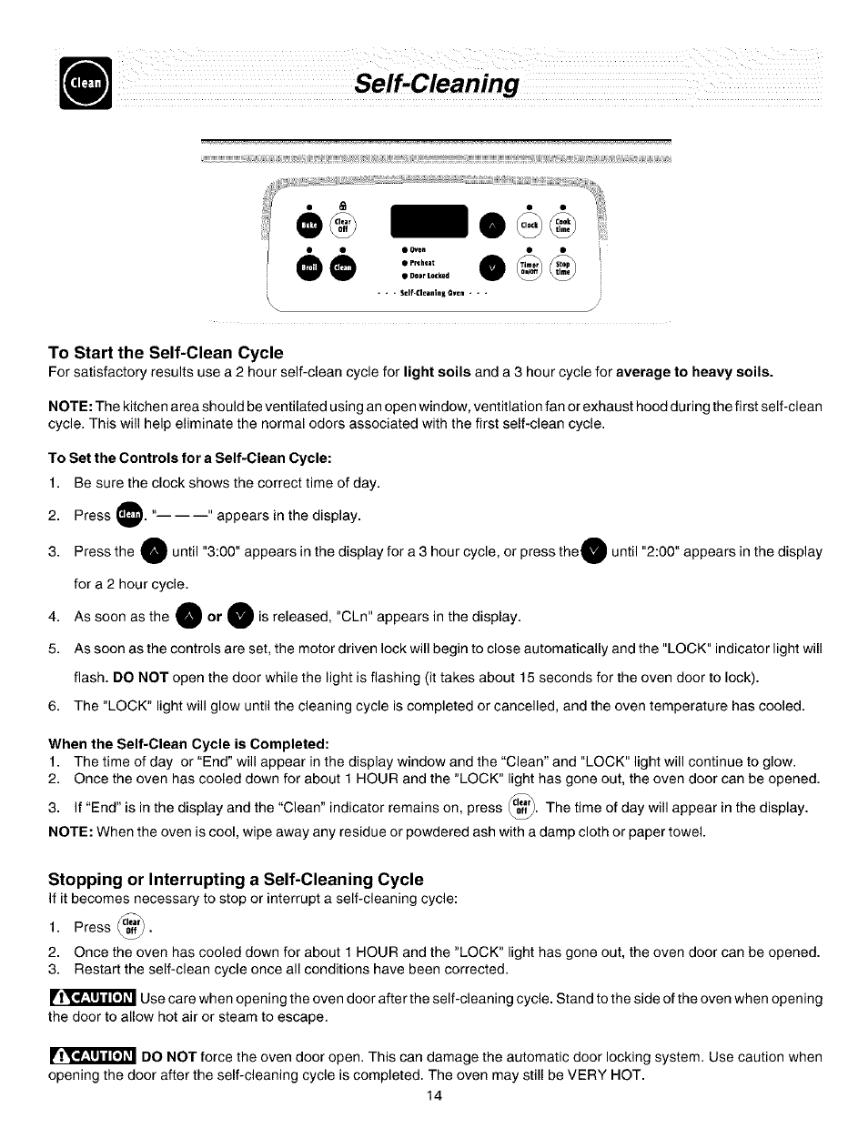 Self-cleaning, To start the self-clean cycle, To set the controls for a self-clean cycle | When the self-clean cycle is completed, Stopping or interrupting a self-cleaning cycle | FRIGIDAIRE ES200/300 User Manual | Page 14 / 20