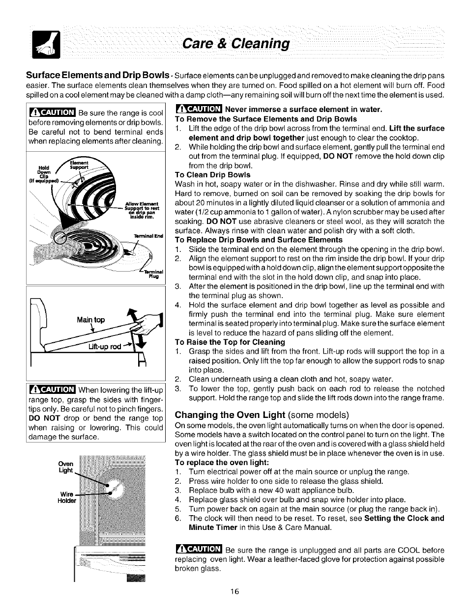 Changing the oven light {some models), Some models), Su rface elements and drip bowls | Changing the oven light | FRIGIDAIRE ES200/300 User Manual | Page 16 / 20