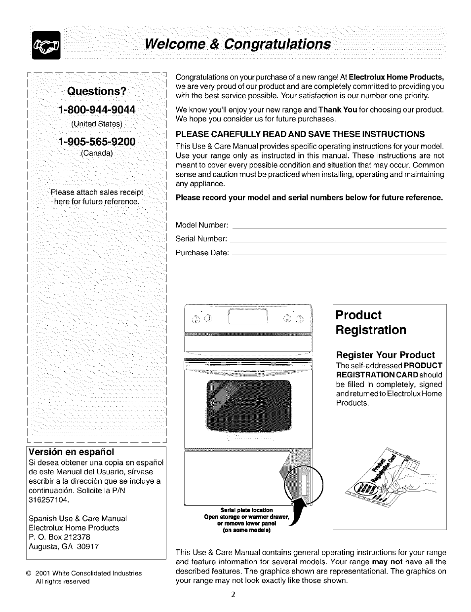 Welcome & congratulations, Versión en español, Please carefully read and save these instructions | Register your product, Questions | FRIGIDAIRE ES200/300 User Manual | Page 2 / 20