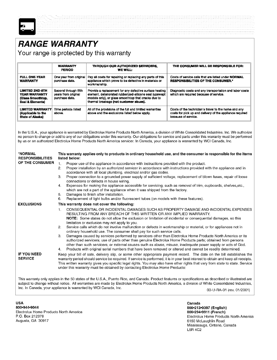 Range warranty, Your range is protected by this warranty | FRIGIDAIRE ES200/300 User Manual | Page 20 / 20
