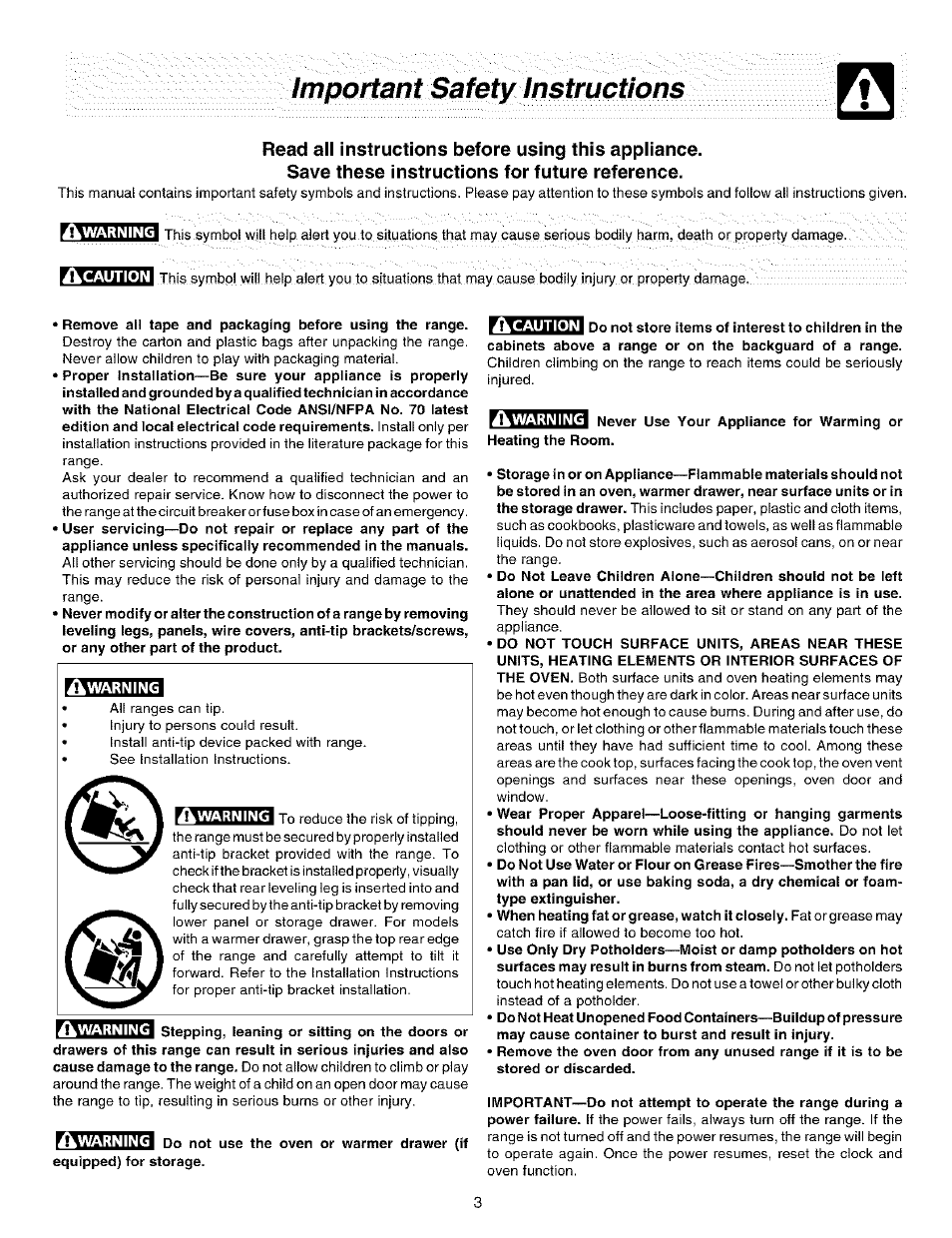 Read all instructions before using this appliance, Save these instructions for future reference, Fnpo/tant safety /nsfrticf/ons | FRIGIDAIRE ES200/300 User Manual | Page 3 / 20