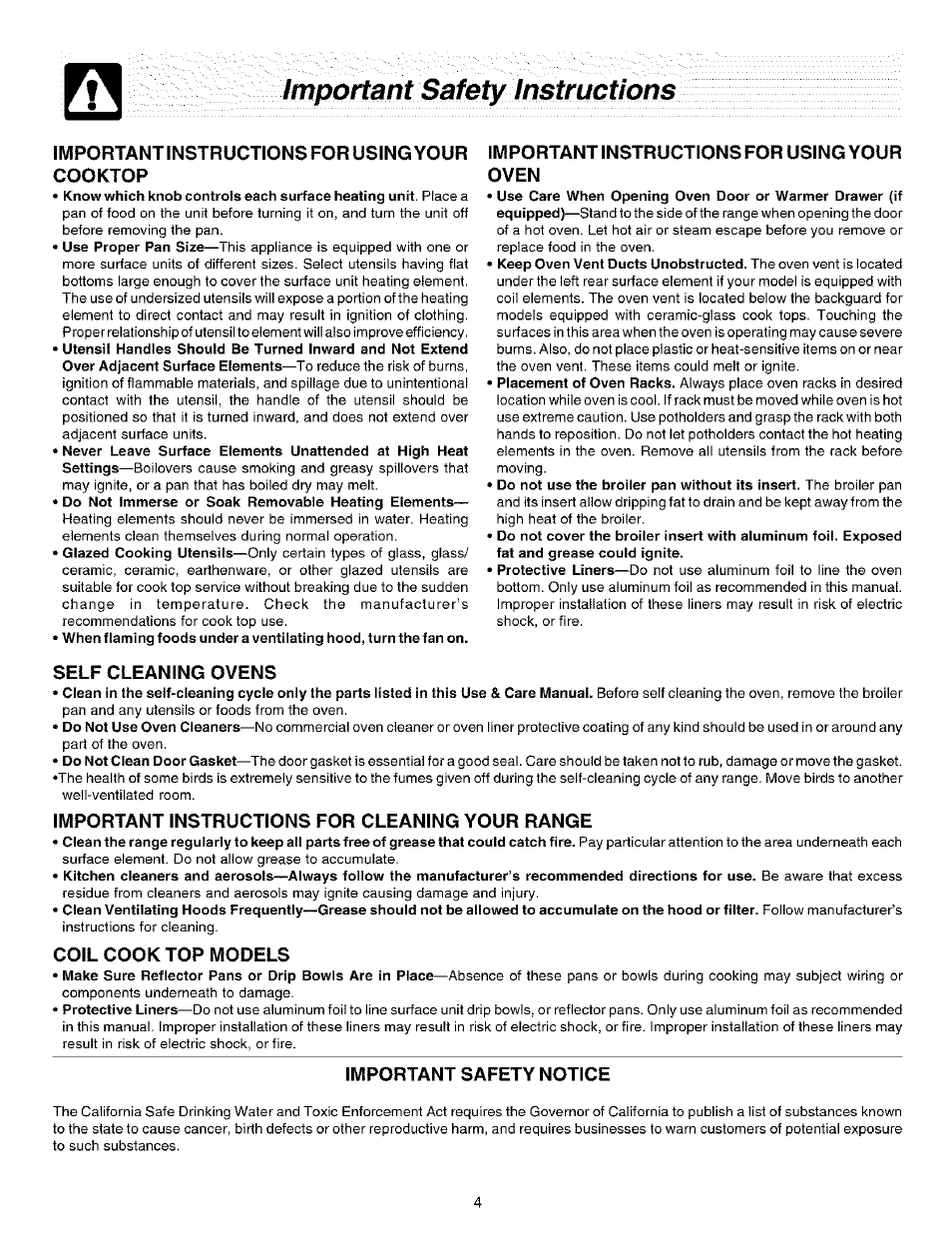 Important instructions for using your cooktop, Important instructions for using your oven, Self cleaning ovens | Important instructions for cleaning your range, Coil cook top models, Important safety notice, Important safety instructions | FRIGIDAIRE ES200/300 User Manual | Page 4 / 20
