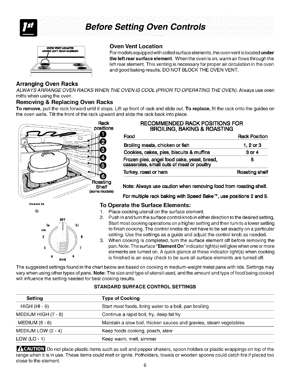 Oven vent location, Arranging oven racks, Removing & replacing oven racks | Before setting oven controls | FRIGIDAIRE ES200/300 User Manual | Page 6 / 20