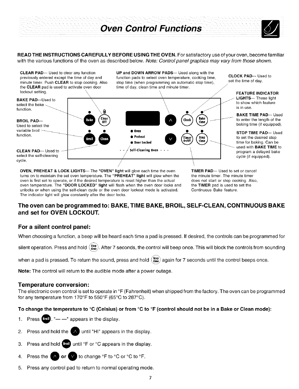 Oven control functions, For a silent control panel, Temperature conversion | FRIGIDAIRE ES200/300 User Manual | Page 7 / 20