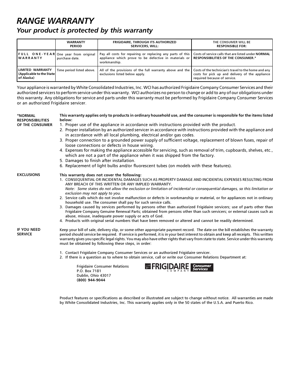 Range warranty, Your product is protected by this warranty | FRIGIDAIRE 316000641 User Manual | Page 24 / 25