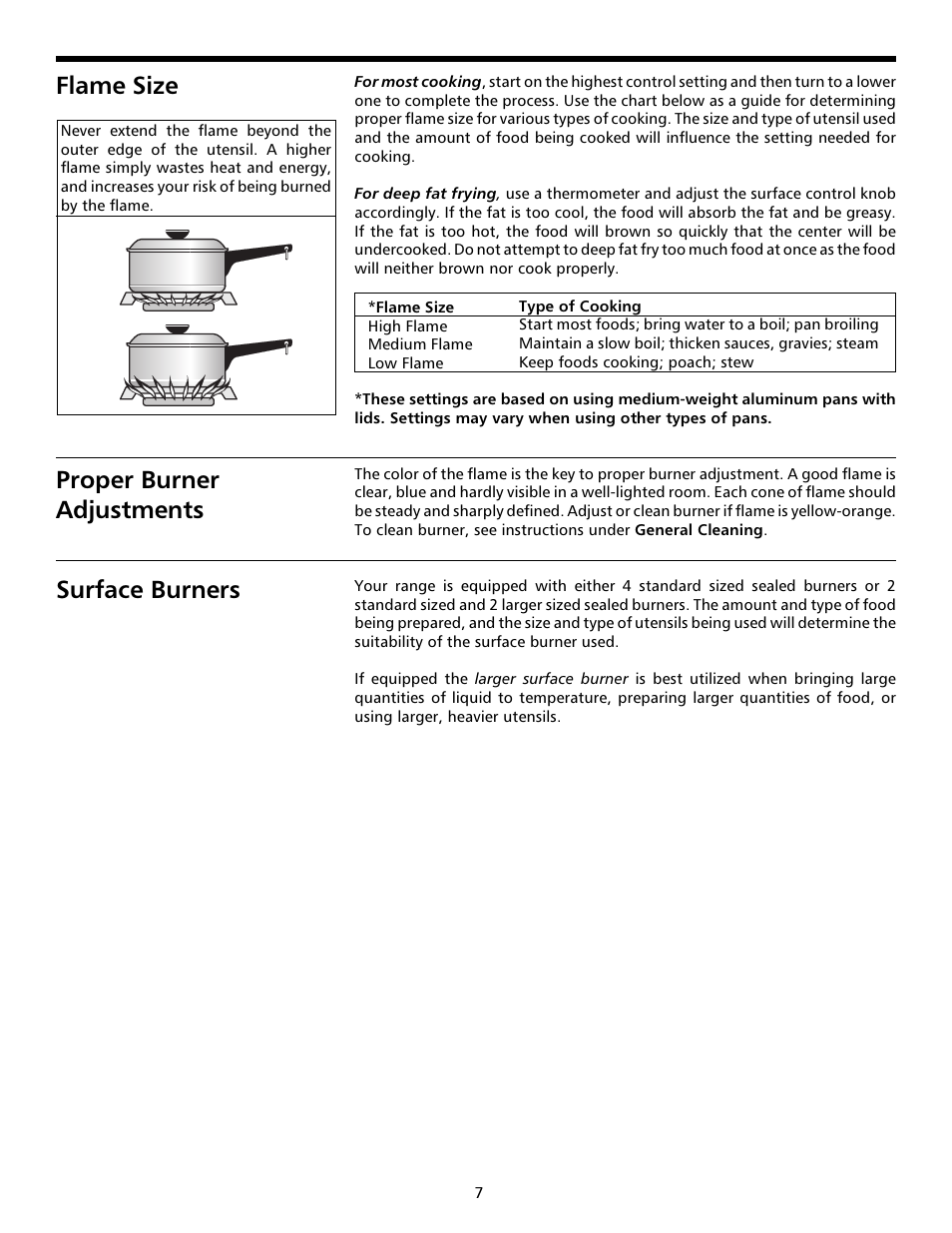 Setting surface controls, Flame size proper burner adjustments, Surface burners | FRIGIDAIRE 316000641 User Manual | Page 7 / 25