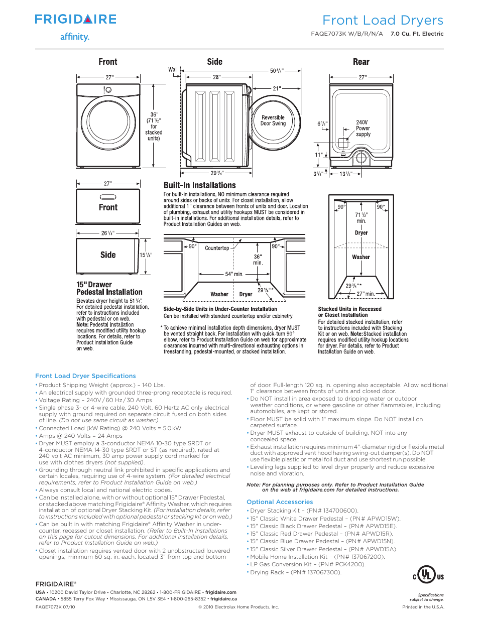 Front load dryers | FRIGIDAIRE FITS-MORE FAQE7073K W/B/R/N/A User Manual | Page 2 / 2