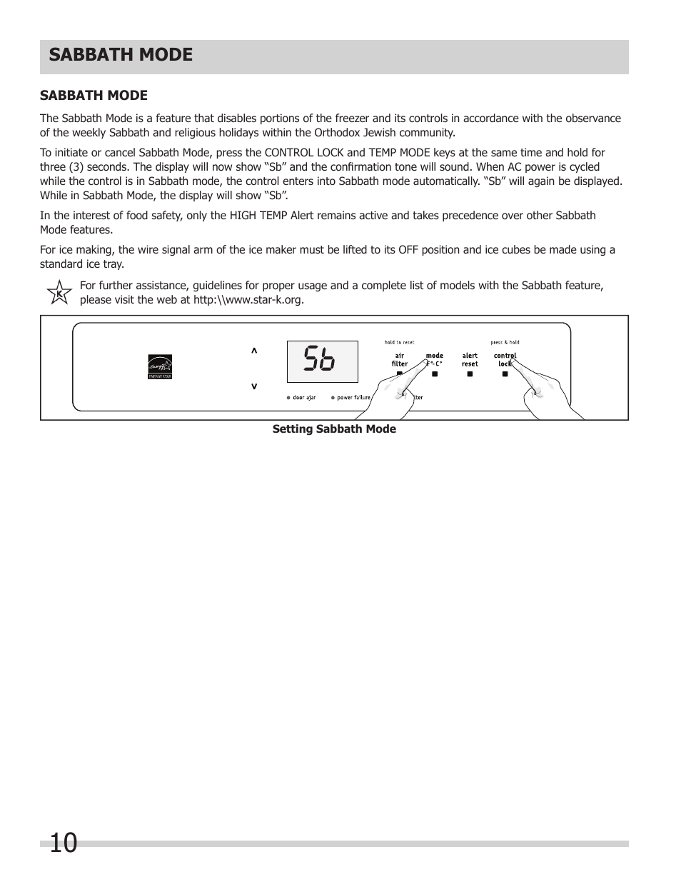 Sabbath mode | FRIGIDAIRE 297298700 User Manual | Page 10 / 20