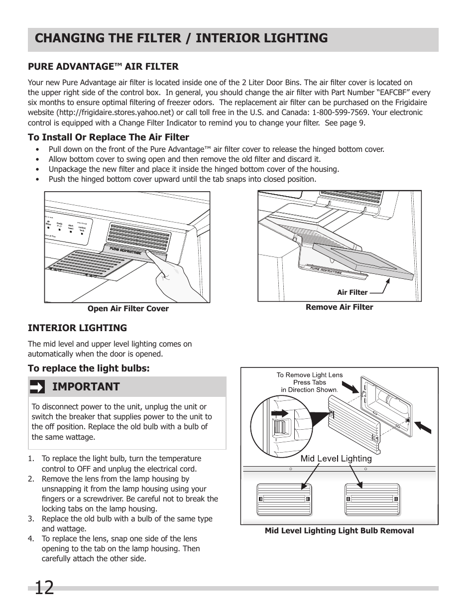 Changing the filter / interior lighting, Important | FRIGIDAIRE 297298700 User Manual | Page 12 / 20