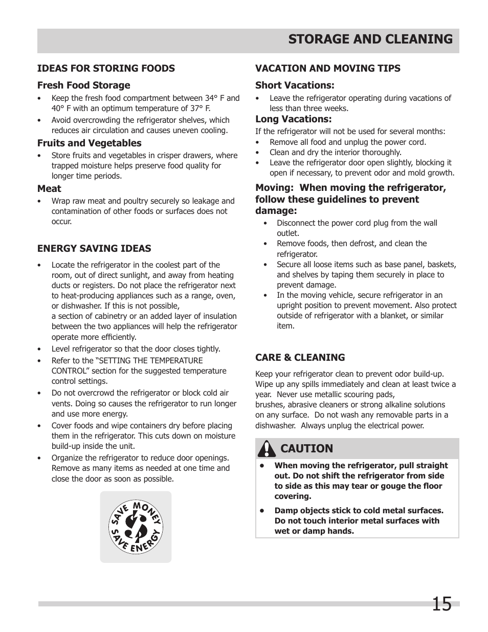 Storage and cleaning, Caution | FRIGIDAIRE 297298700 User Manual | Page 15 / 20