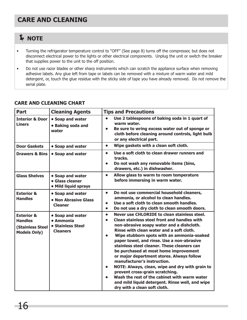 Care and cleaning | FRIGIDAIRE 297298700 User Manual | Page 16 / 20