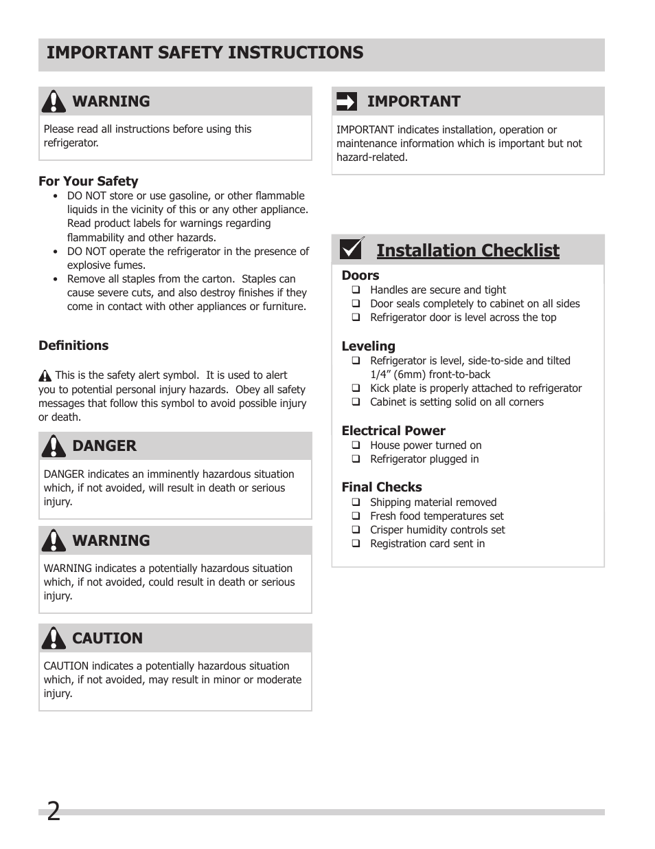 Important safety instructions, Installation checklist | FRIGIDAIRE 297298700 User Manual | Page 2 / 20