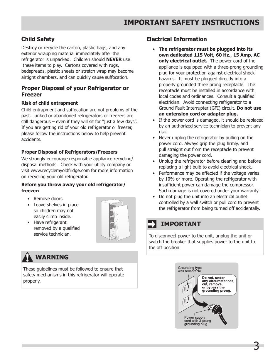 Important safety instructions, Warning, Important | FRIGIDAIRE 297298700 User Manual | Page 3 / 20