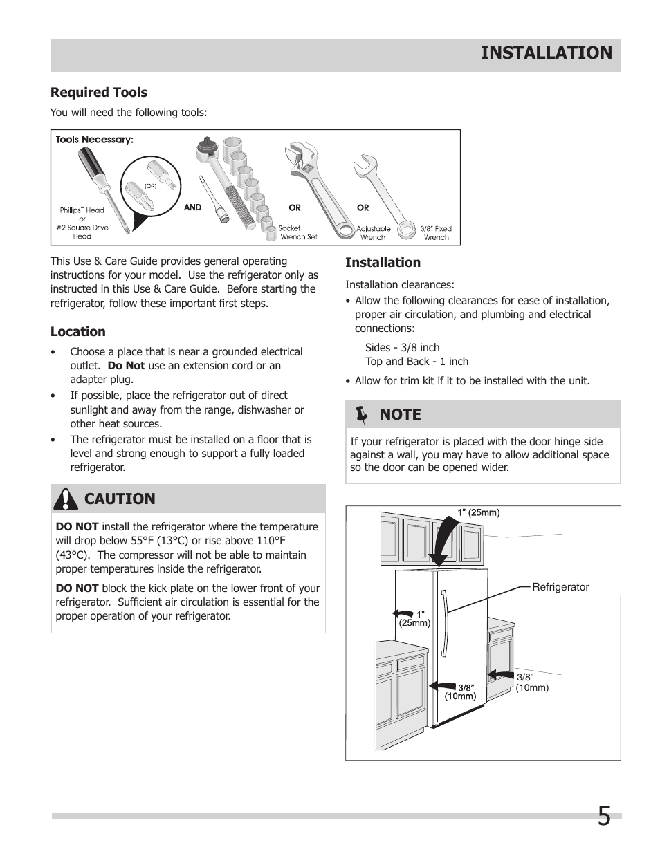 Installation, Caution | FRIGIDAIRE 297298700 User Manual | Page 5 / 20